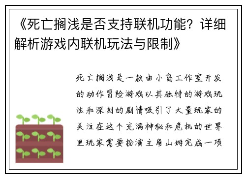 《死亡搁浅是否支持联机功能？详细解析游戏内联机玩法与限制》