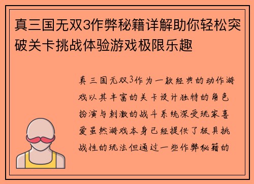 真三国无双3作弊秘籍详解助你轻松突破关卡挑战体验游戏极限乐趣
